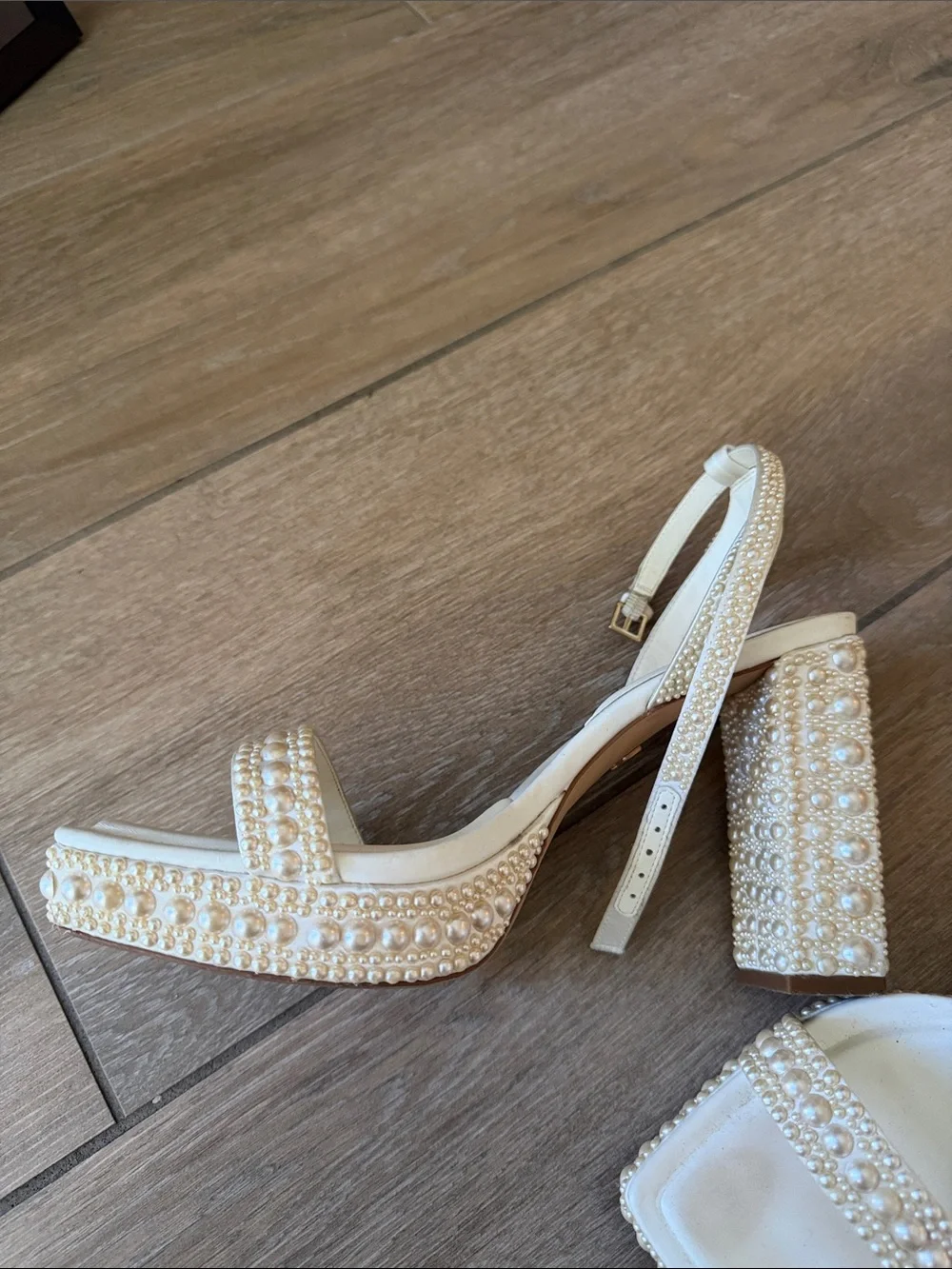 ALDO Pearl-Trim Ivory Block Heel Sandals